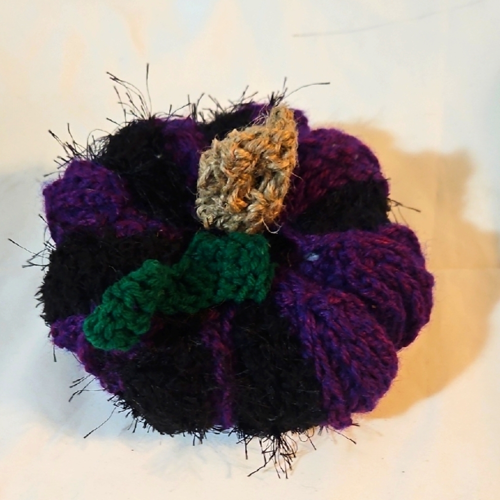 Handcrafted knit Halloween Crochet Pumpkin Purple Black Wool Faux Fall Decor